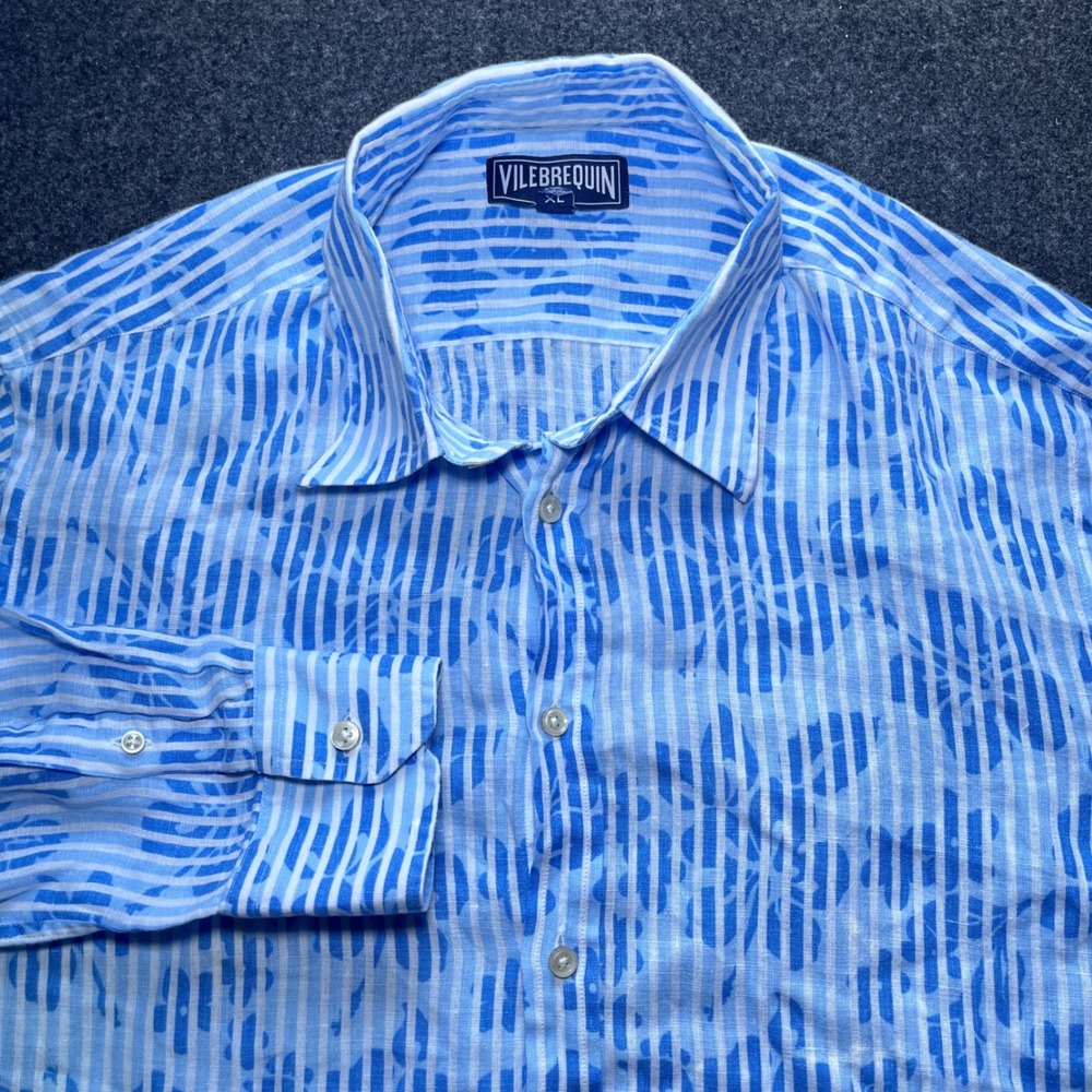 Vilebrequin Button Down Mens XL Blue Excellent Linen Striped Floral Long Sleeve - Picture 3 of 11